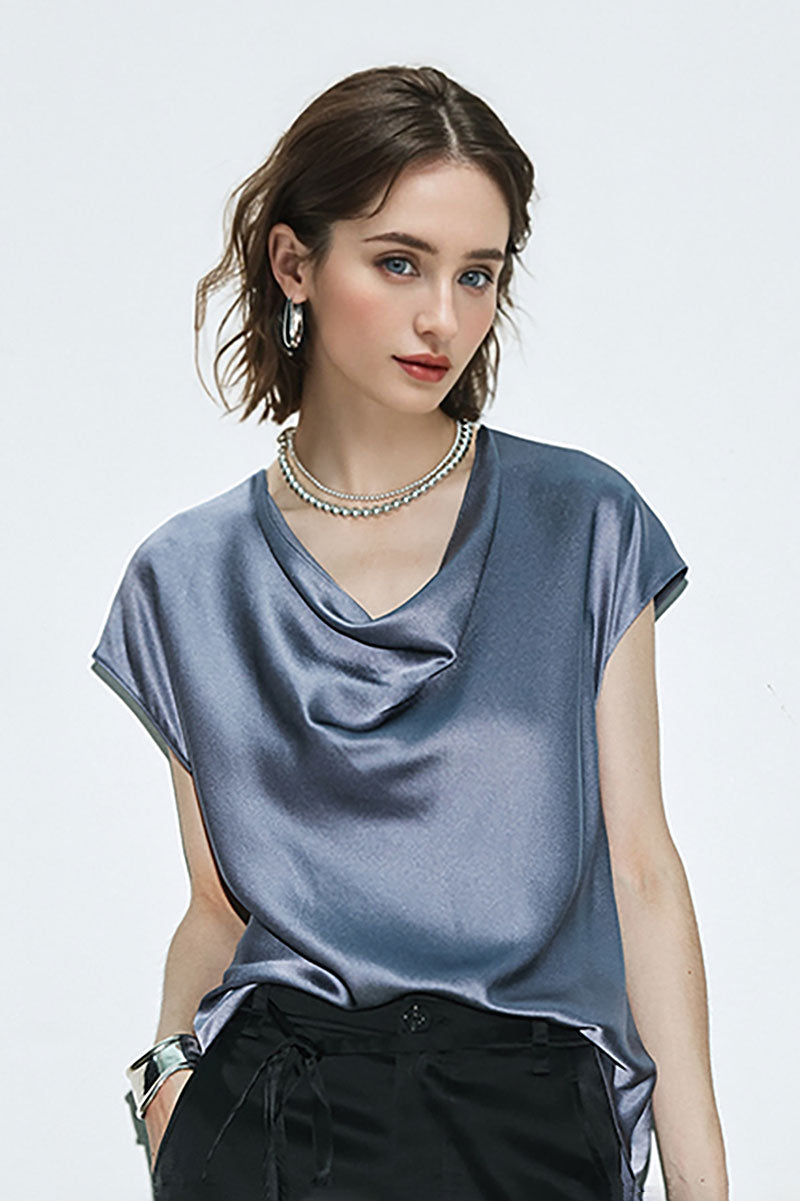 Silk Cowl-Neck Cap-Sleeve Blouse