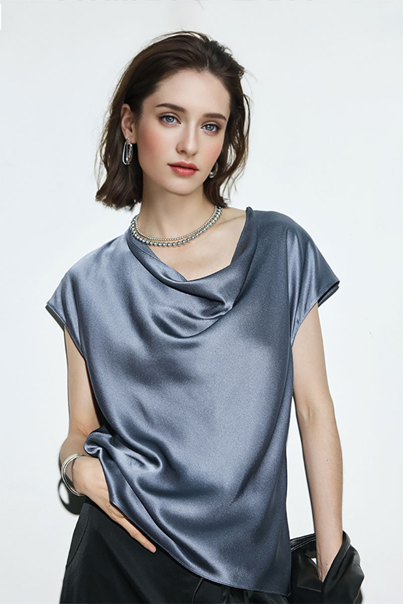 Silk Cowl-Neck Cap-Sleeve Blouse