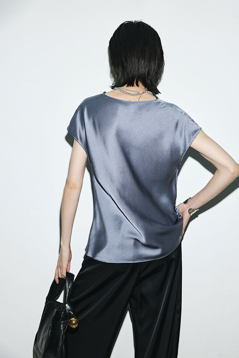Silk Cowl-Neck Cap-Sleeve Blouse