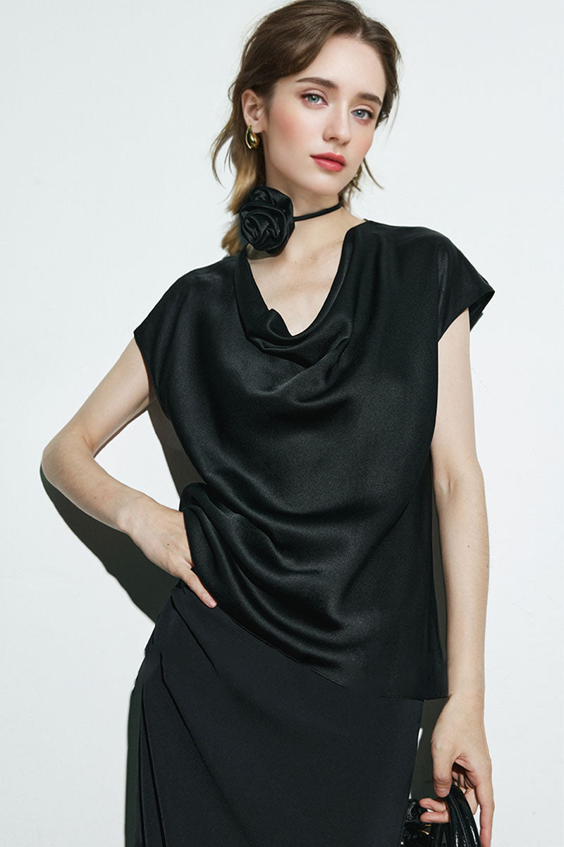 Silk Cowl-Neck Cap-Sleeve Blouse