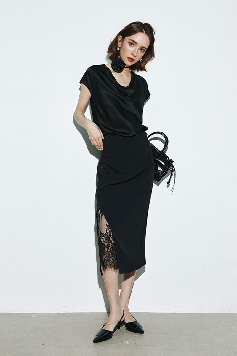 Silk Cowl-Neck Cap-Sleeve Blouse