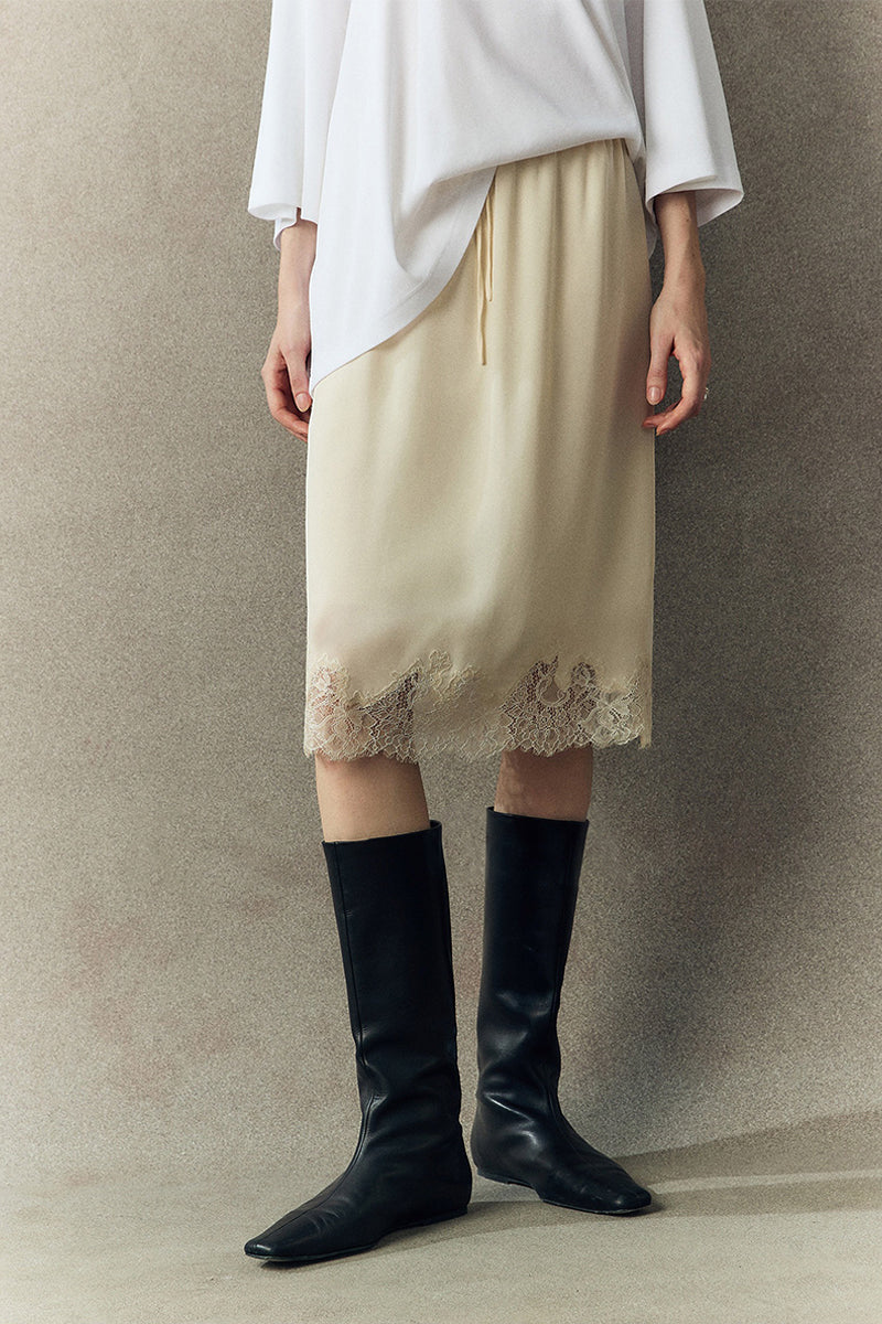 Silk Lace Trim Knee Skirt with Elastic Drawstring