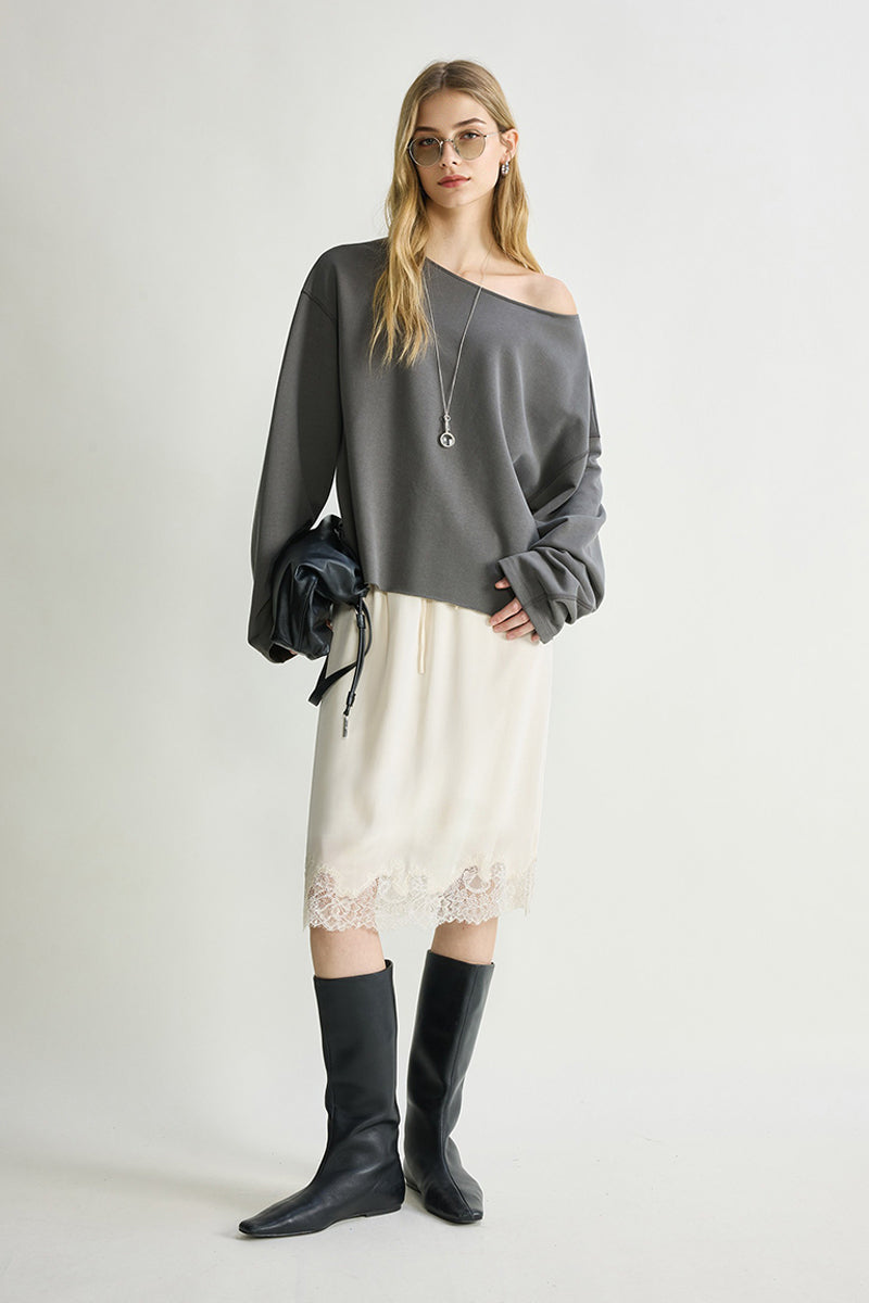 Silk Lace Trim Knee Skirt with Elastic Drawstring