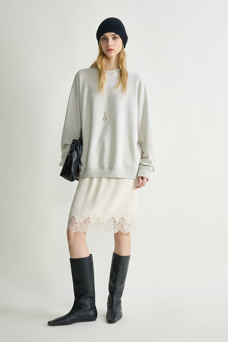 Silk Lace Trim Knee Skirt with Elastic Drawstring