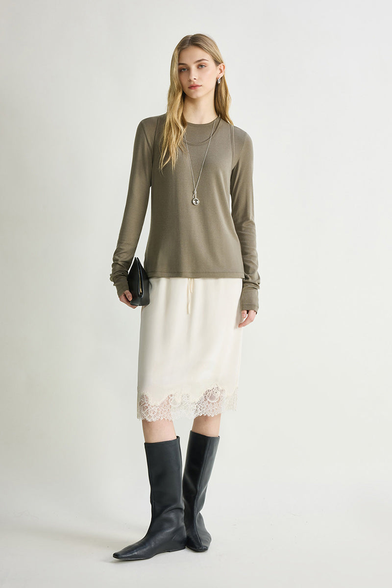 Silk Lace Trim Knee Skirt with Elastic Drawstring