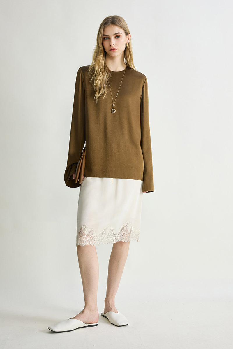 Silk Lace Trim Knee Skirt with Elastic Drawstring