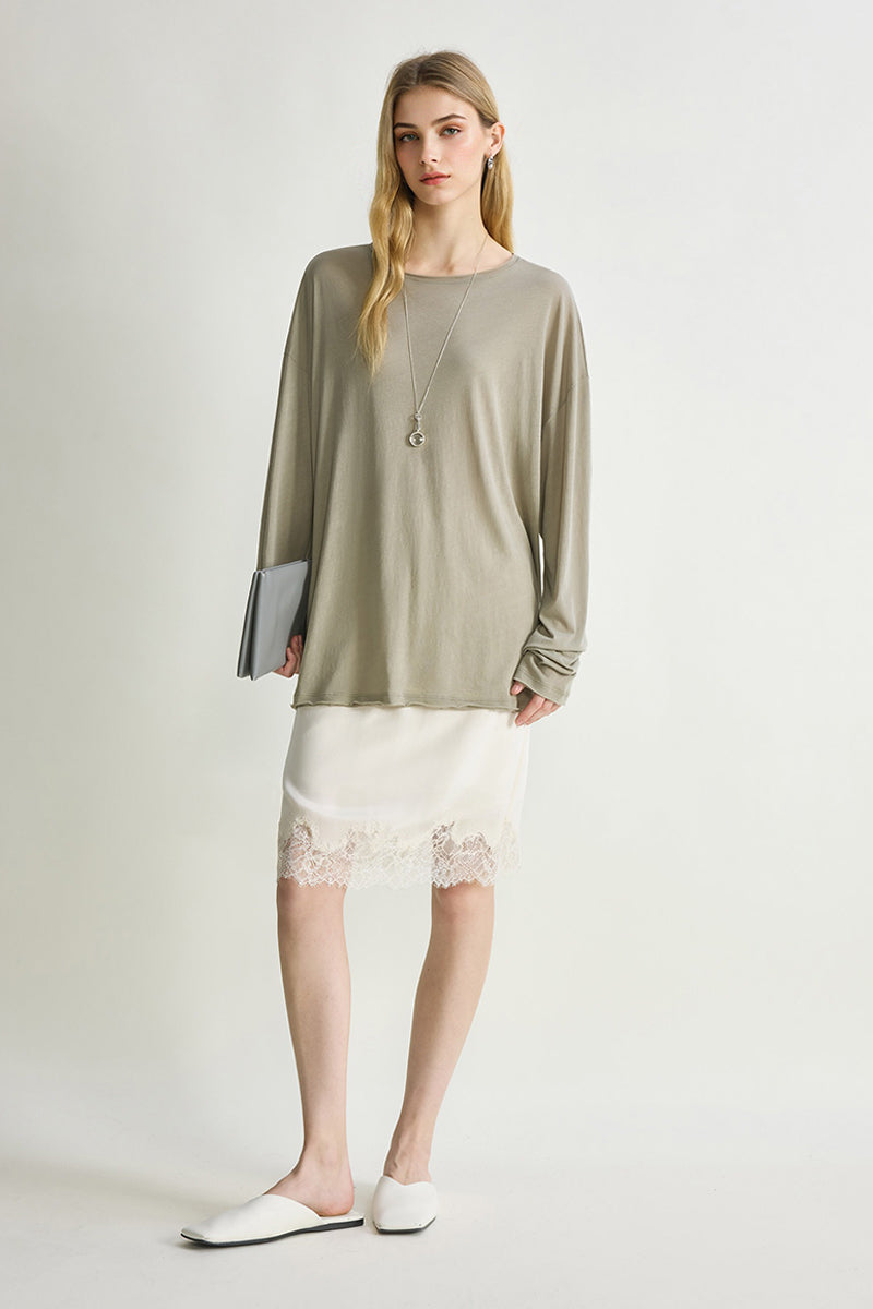 Silk Lace Trim Knee Skirt with Elastic Drawstring