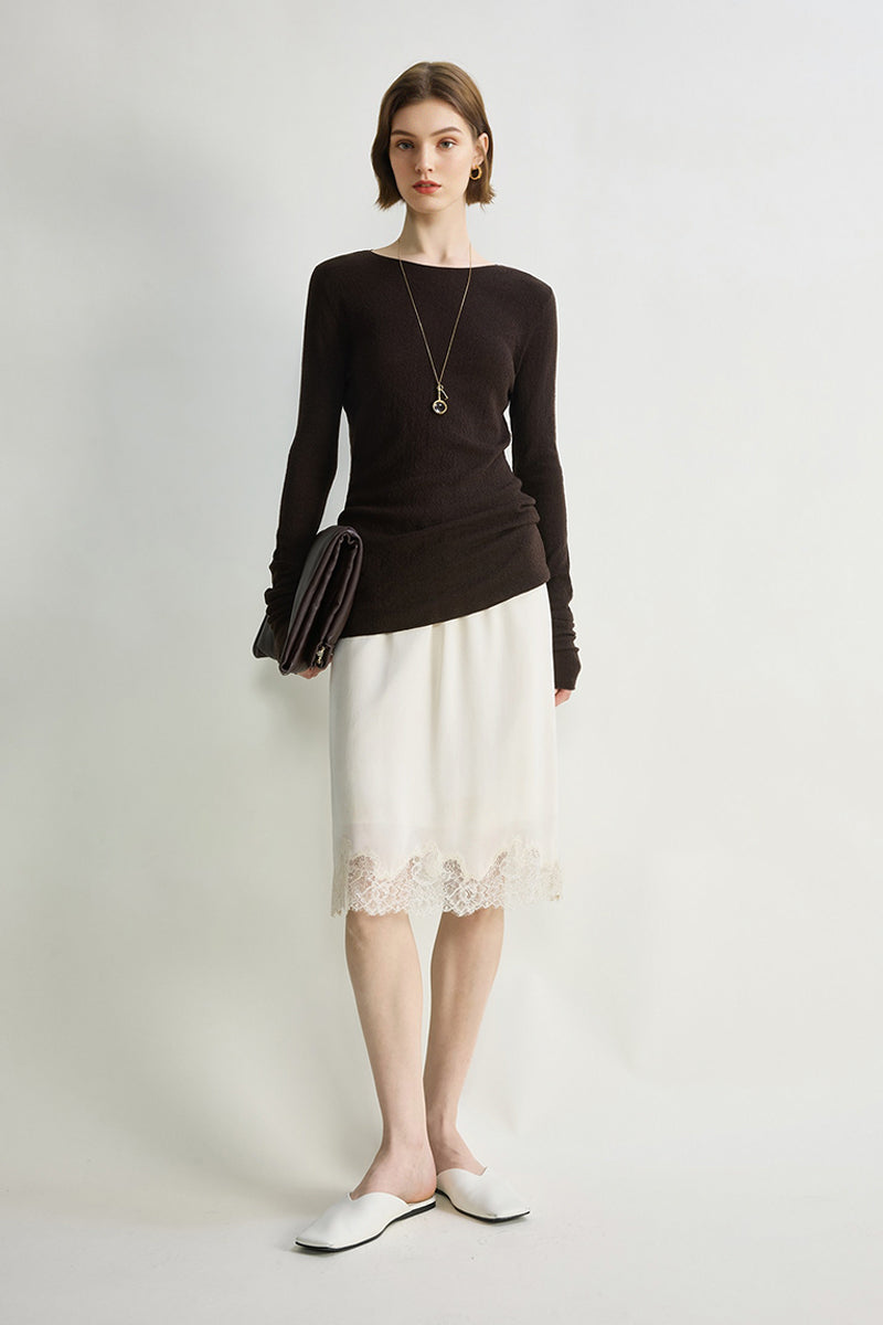 Silk Lace Trim Knee Skirt with Elastic Drawstring