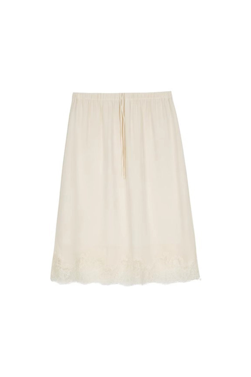 Silk Lace Trim Knee Skirt with Elastic Drawstring