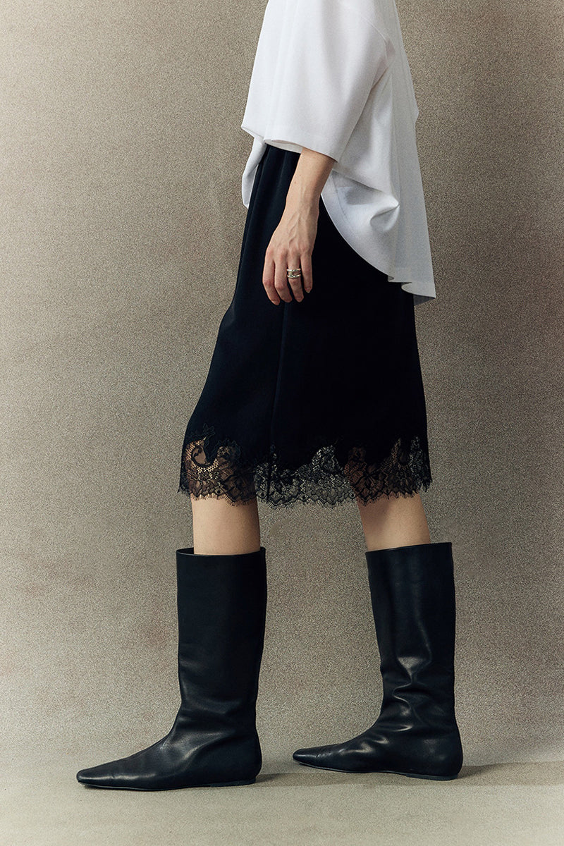 Silk Lace Trim Knee Skirt with Elastic Drawstring