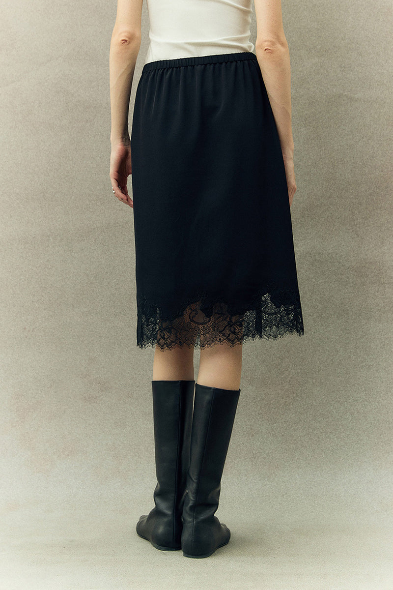 Silk Lace Trim Knee Skirt with Elastic Drawstring