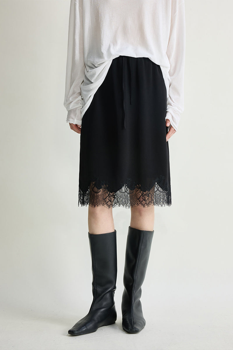Silk Lace Trim Knee Skirt with Elastic Drawstring