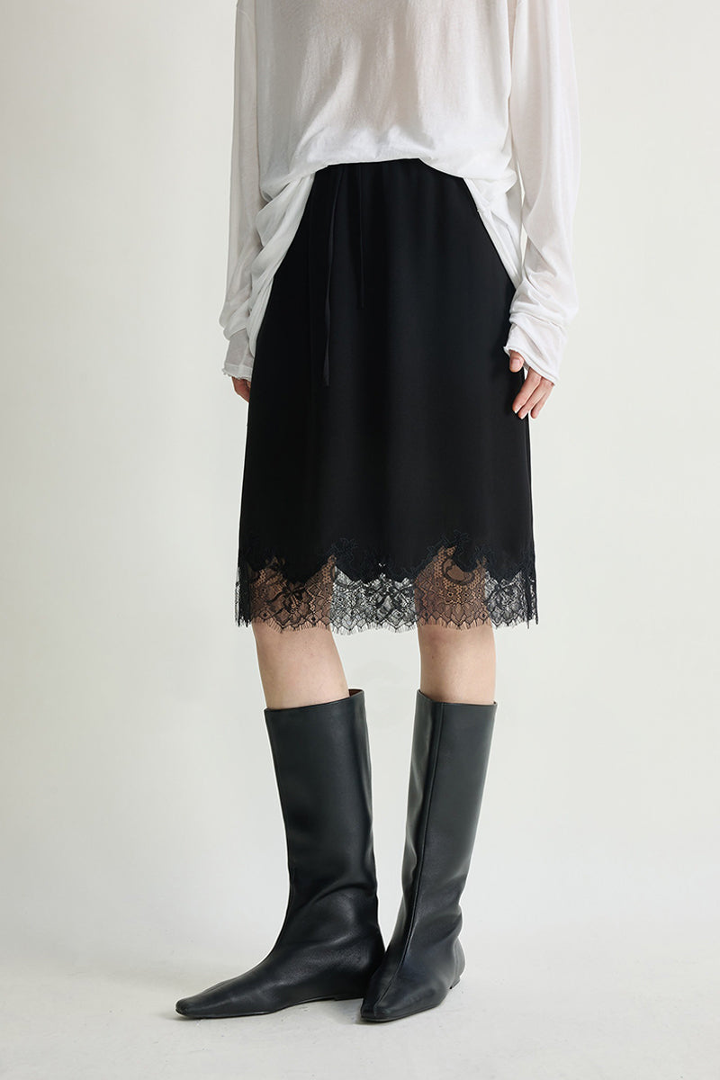 Silk Lace Trim Knee Skirt with Elastic Drawstring