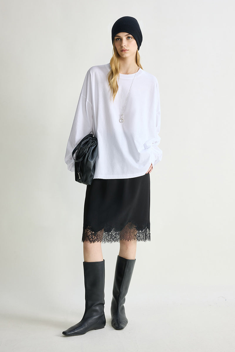 Silk Lace Trim Knee Skirt with Elastic Drawstring