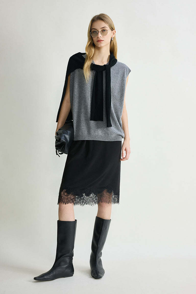 Silk Lace Trim Knee Skirt with Elastic Drawstring