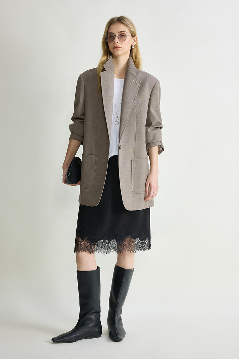 Silk Lace Trim Knee Skirt with Elastic Drawstring