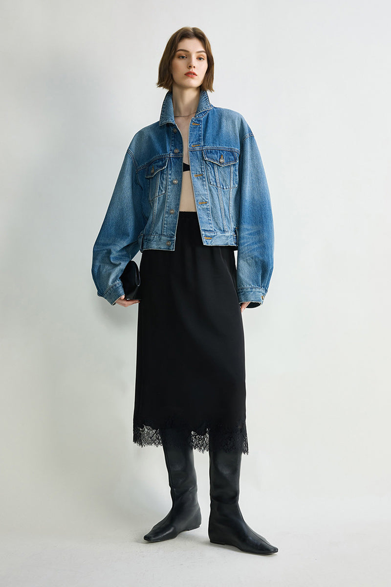 Silk Lace Trim Knee Skirt with Elastic Drawstring