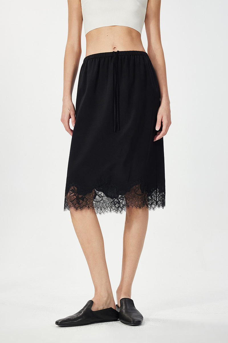 Silk Lace Trim Knee Skirt with Elastic Drawstring