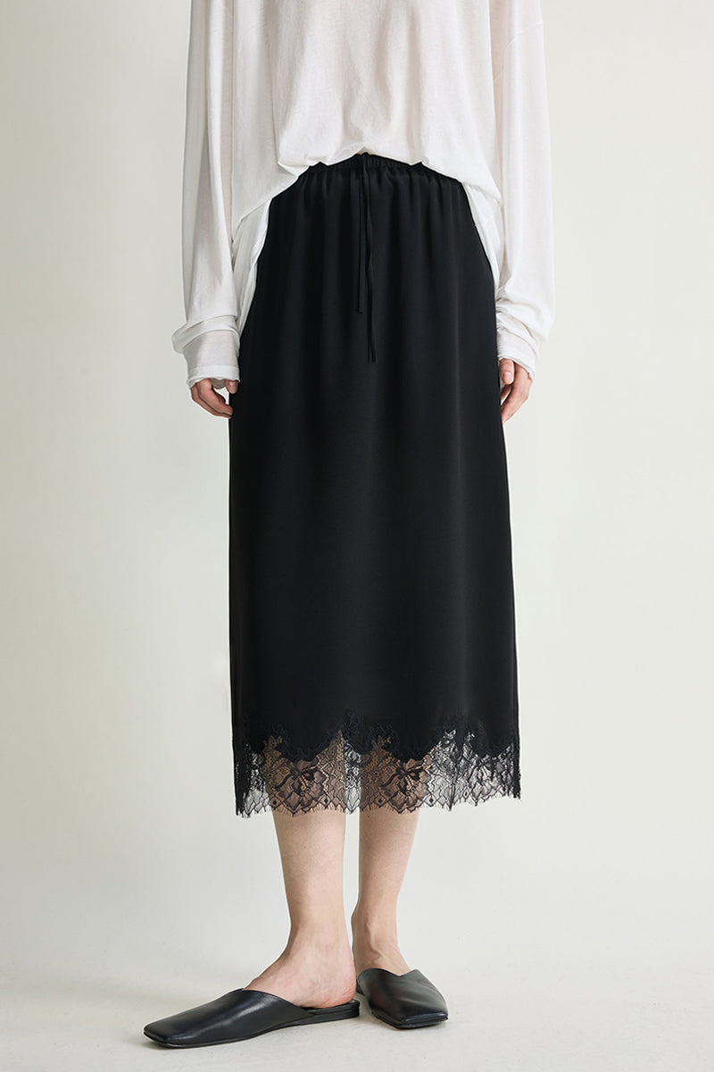 Silk Lace Trim Knee Skirt with Elastic Drawstring