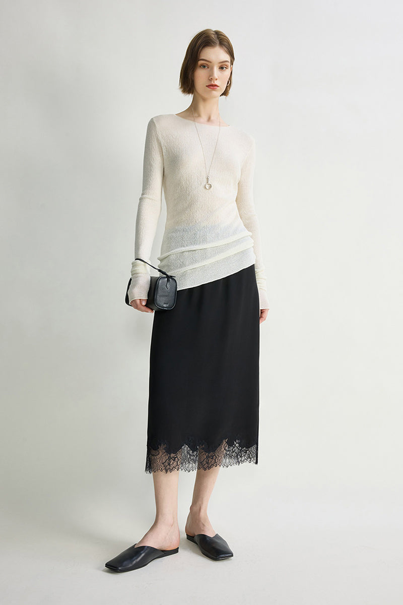 Silk Lace Trim Knee Skirt with Elastic Drawstring
