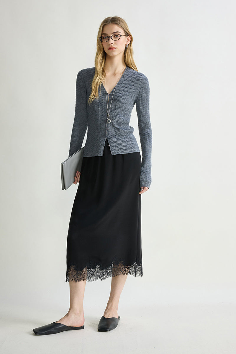Silk Lace Trim Knee Skirt with Elastic Drawstring