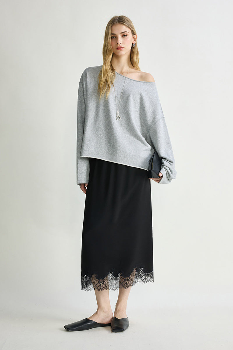 Silk Lace Trim Knee Skirt with Elastic Drawstring