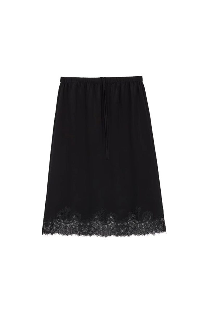 Silk Lace Trim Knee Skirt with Elastic Drawstring