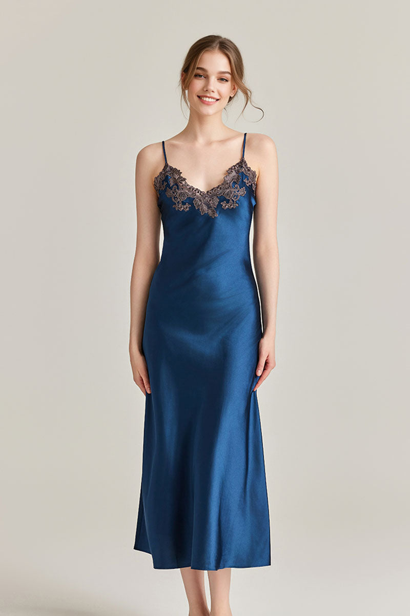 Silk-Tencel Satin V-Neck Midi Slip Dress with Frastaglio