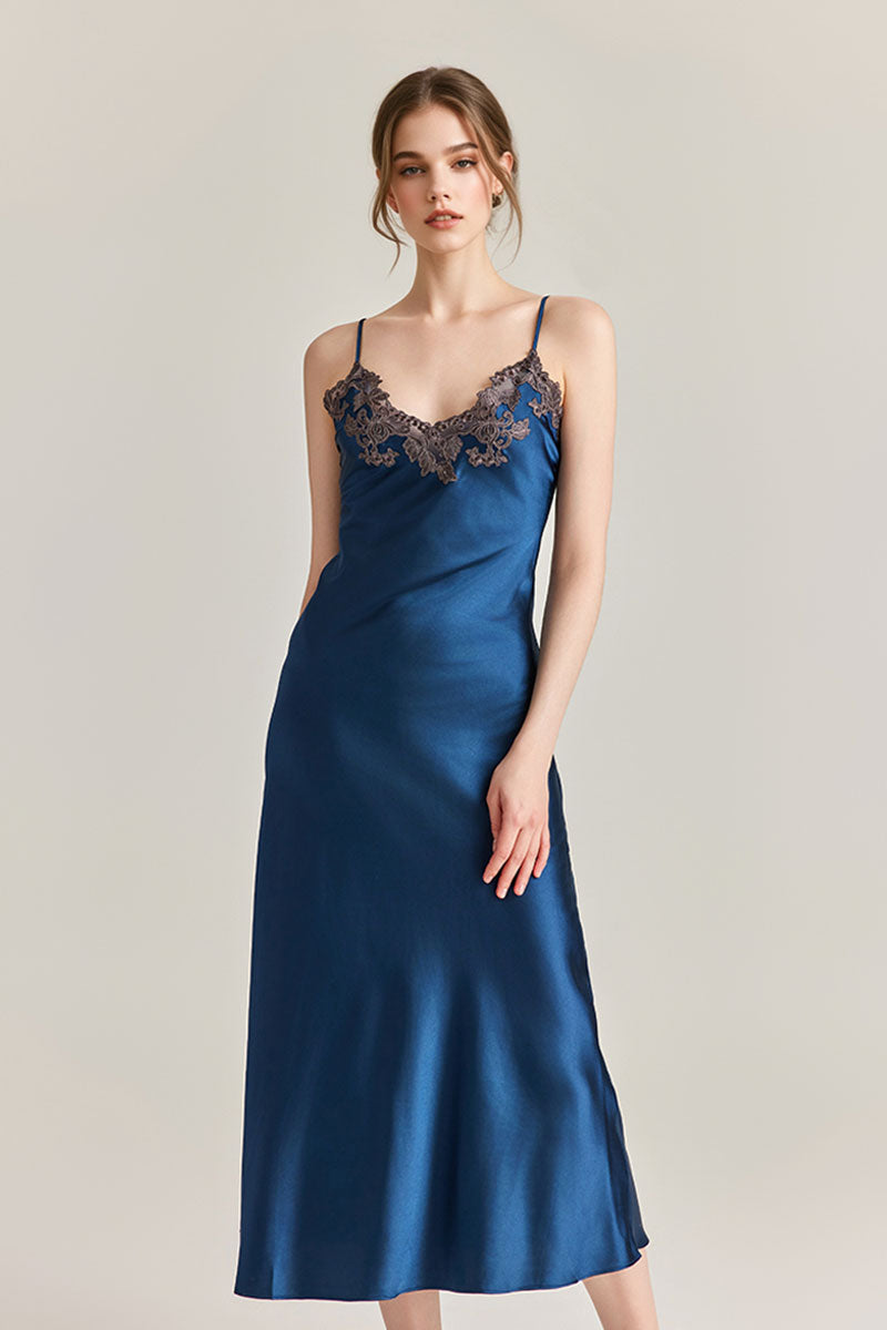 Silk-Tencel Satin V-Neck Midi Slip Dress with Frastaglio