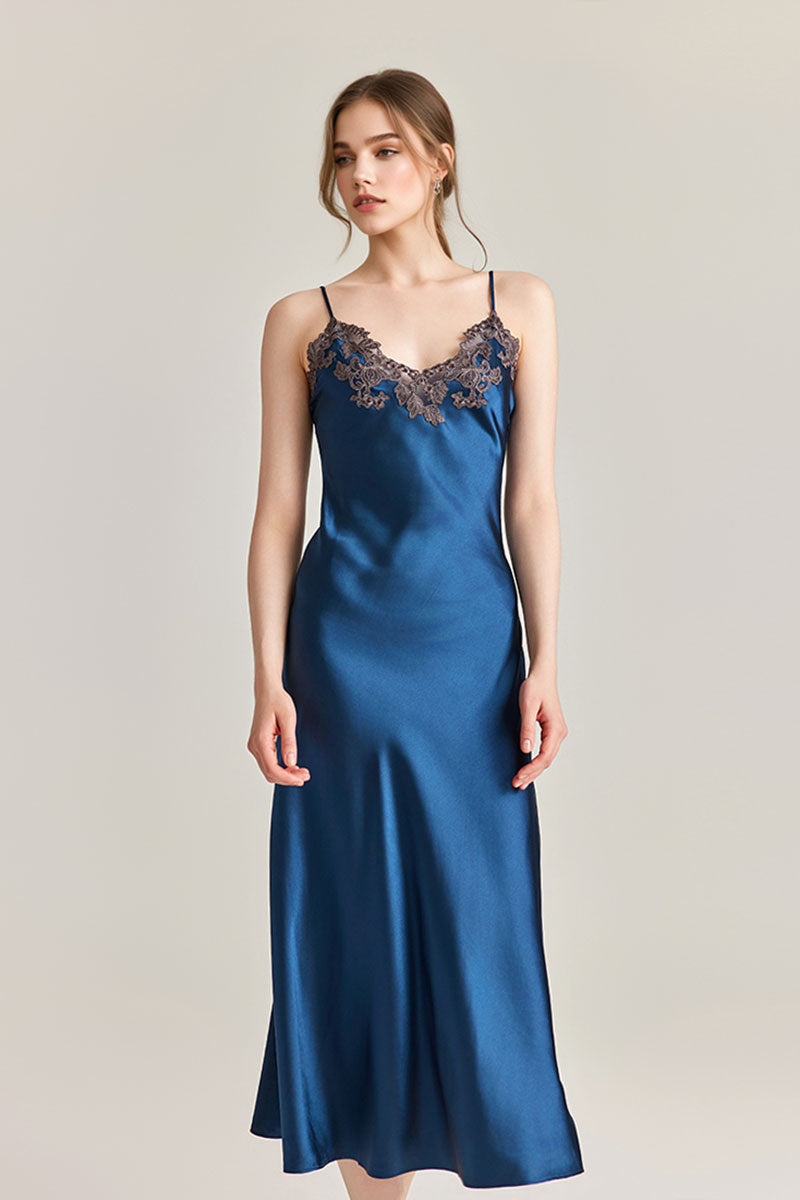 Silk-Tencel Satin V-Neck Midi Slip Dress with Frastaglio