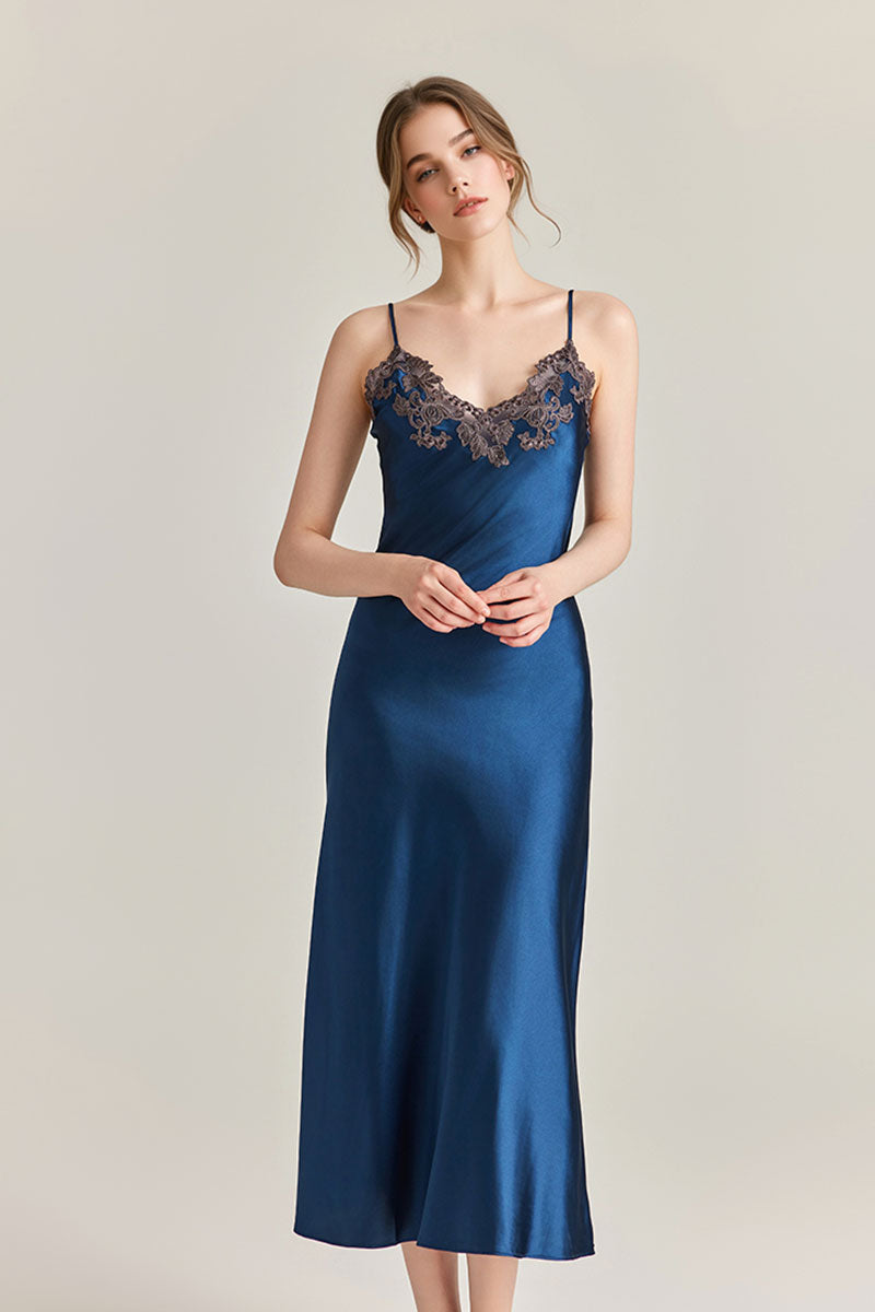 Silk-Tencel Satin V-Neck Midi Slip Dress with Frastaglio
