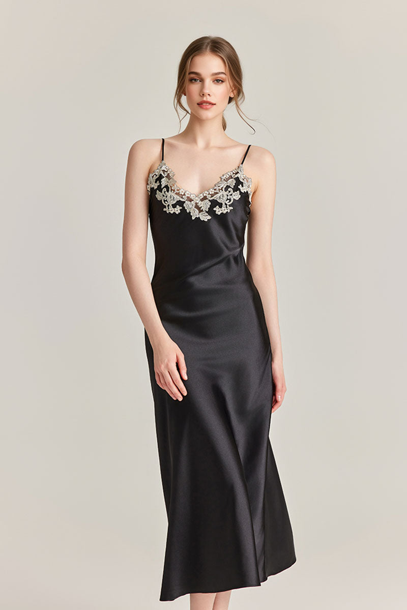 Silk-Tencel Satin V-Neck Midi Slip Dress with Frastaglio