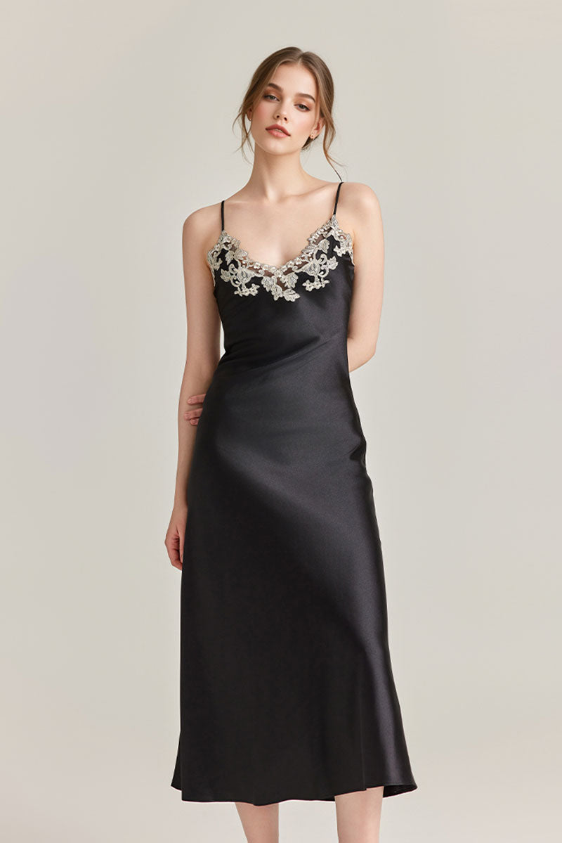 Silk-Tencel Satin V-Neck Midi Slip Dress with Frastaglio