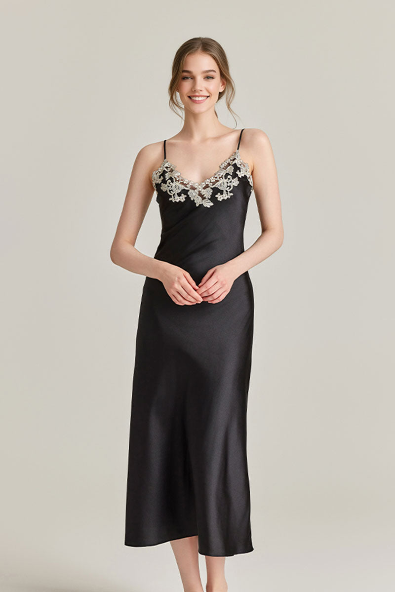 Silk-Tencel Satin V-Neck Midi Slip Dress with Frastaglio