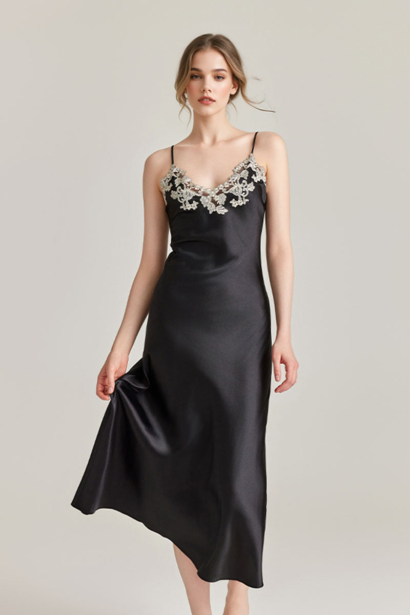 Silk-Tencel Satin V-Neck Midi Slip Dress with Frastaglio