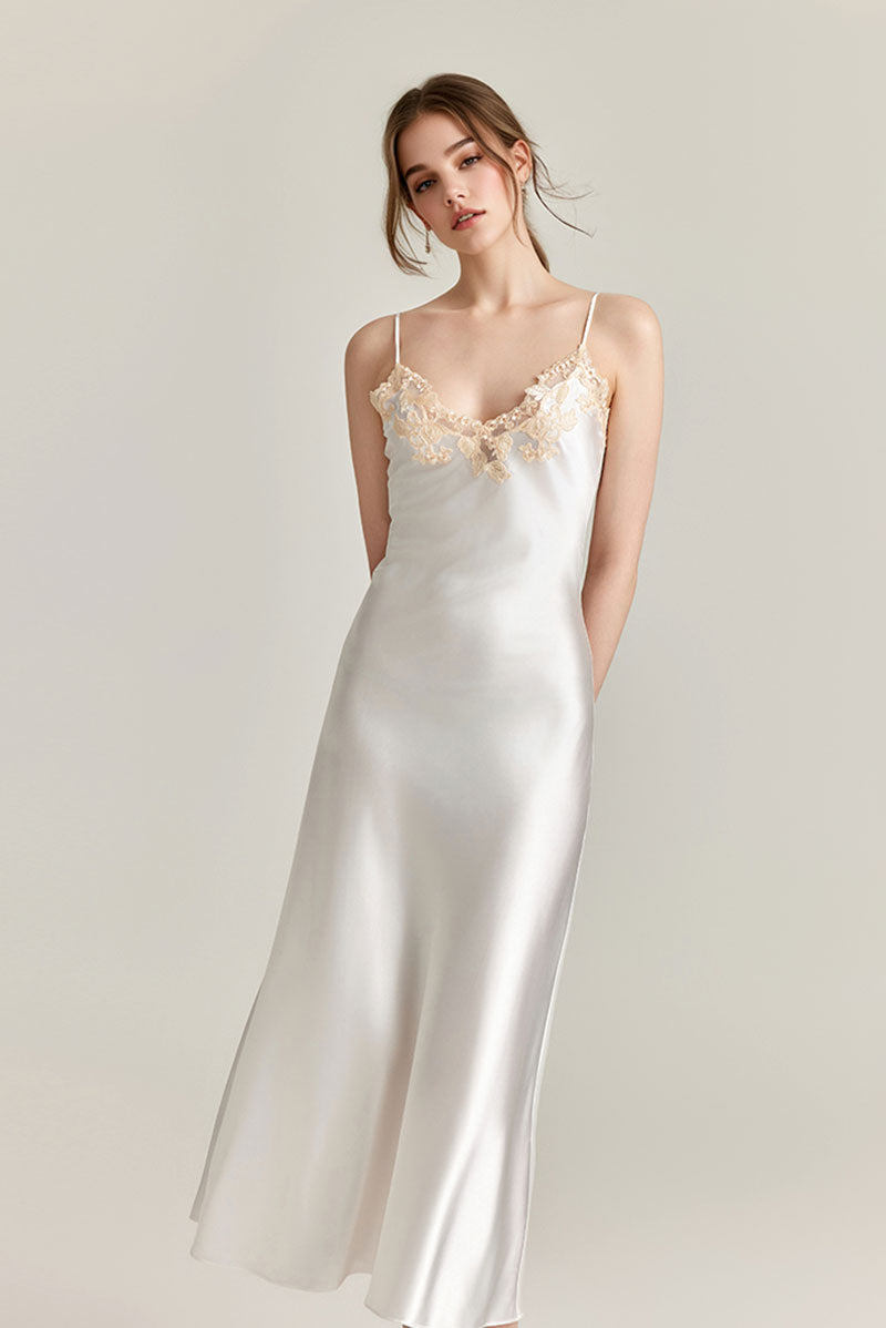 Silk-Tencel Satin V-Neck Midi Slip Dress with Frastaglio