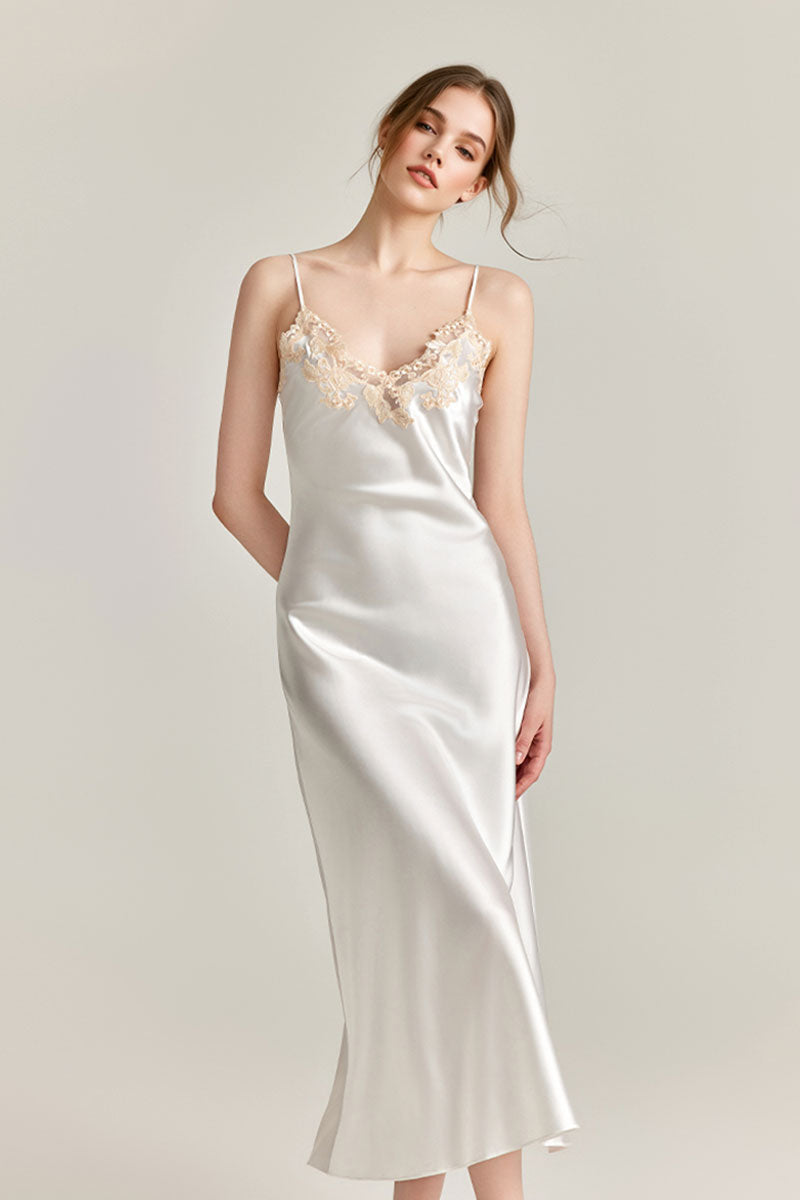 Silk-Tencel Satin V-Neck Midi Slip Dress with Frastaglio