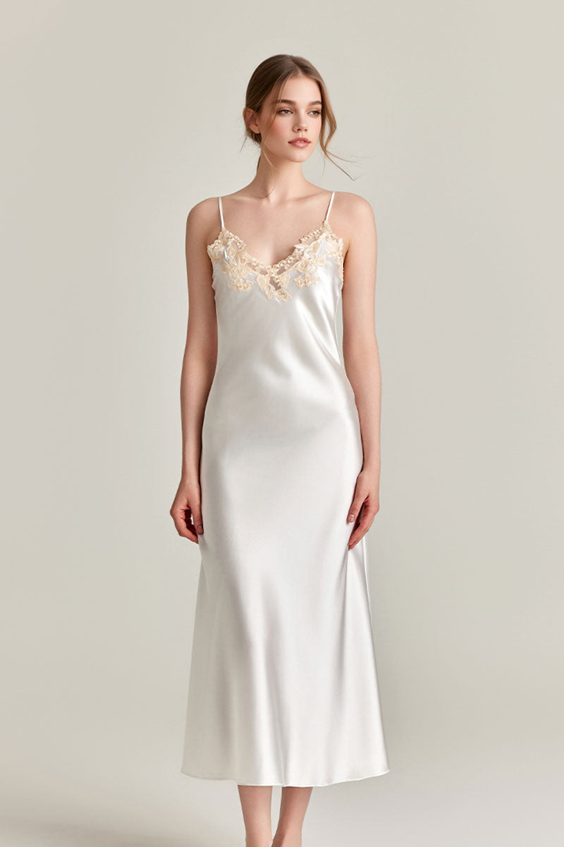 Silk-Tencel Satin V-Neck Midi Slip Dress with Frastaglio