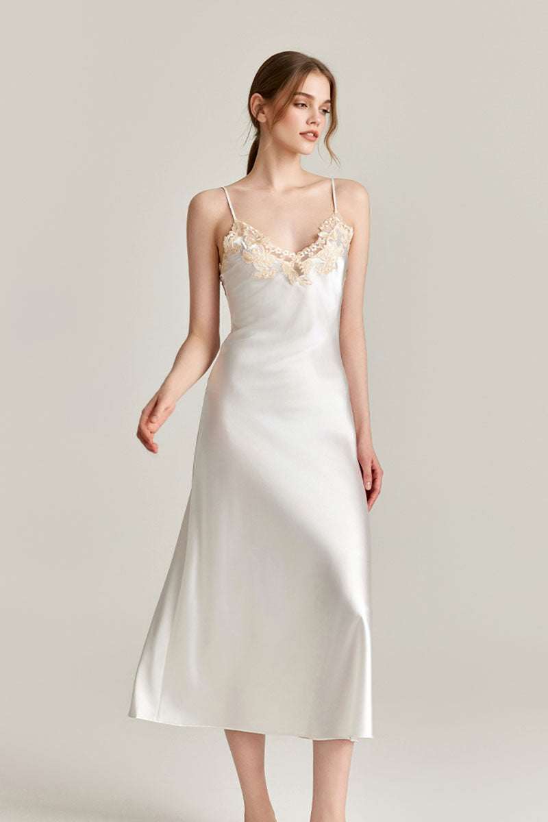 Silk-Tencel Satin V-Neck Midi Slip Dress with Frastaglio