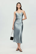 Silver Bias Cut Satin Slip Midi Dress