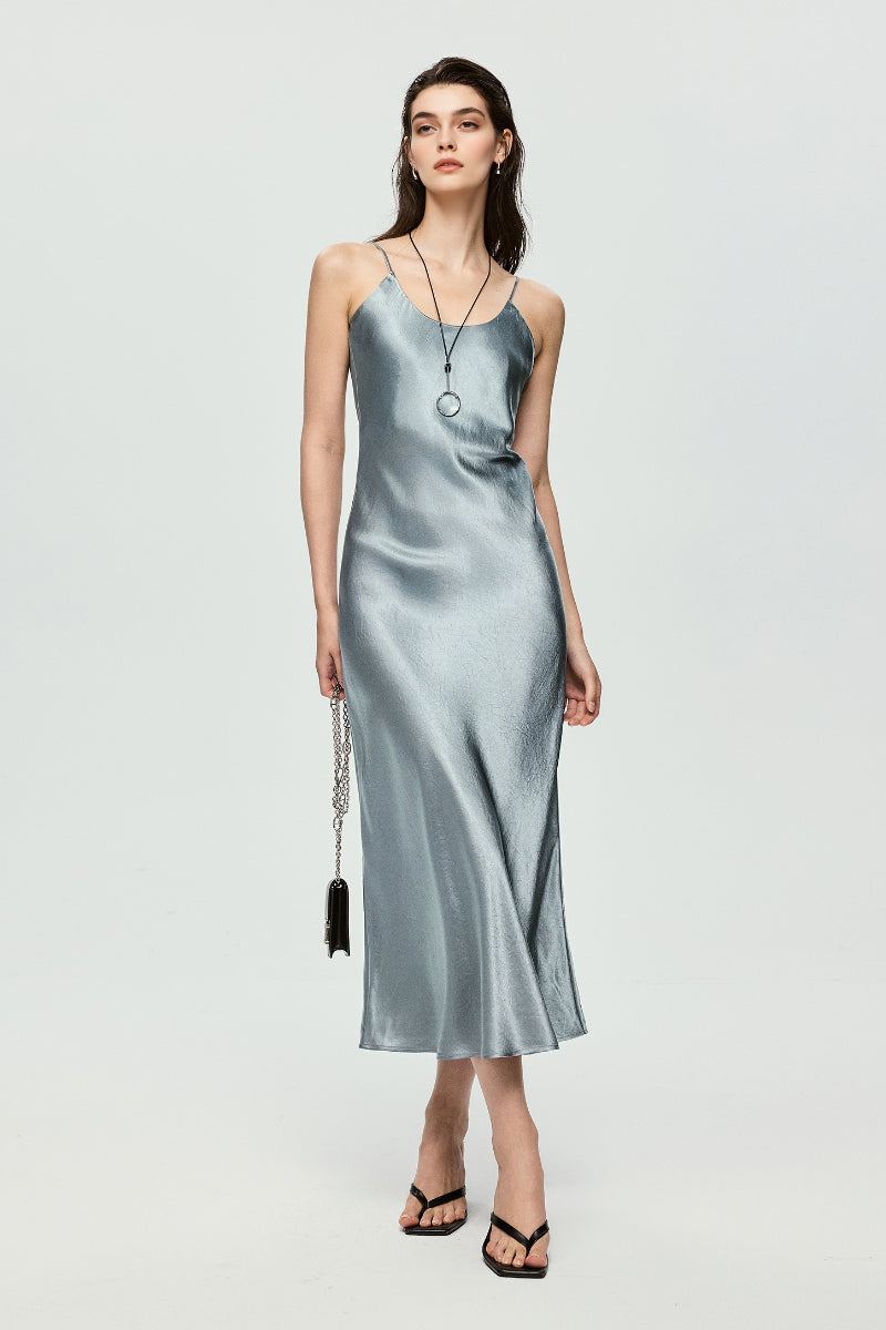 Silver Bias Cut Satin Slip Midi Dress