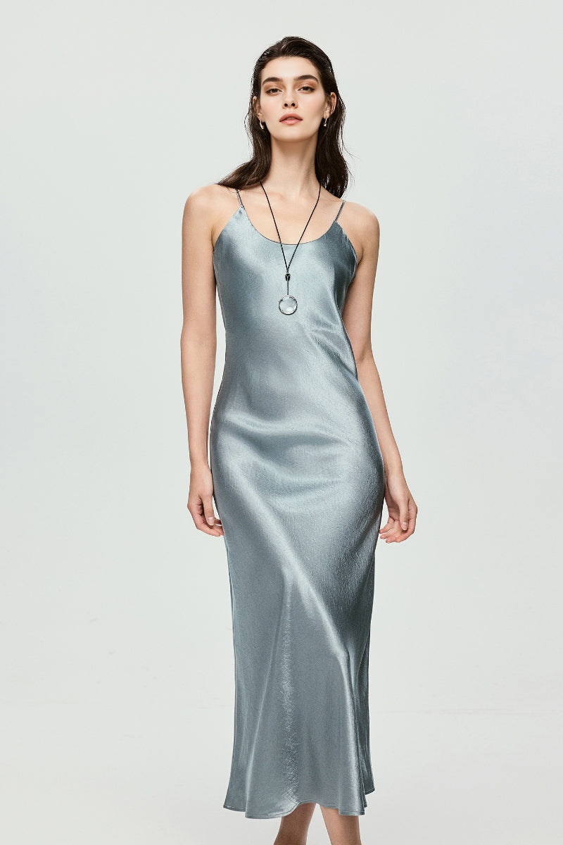 Silver Bias Cut Satin Slip Midi Dress