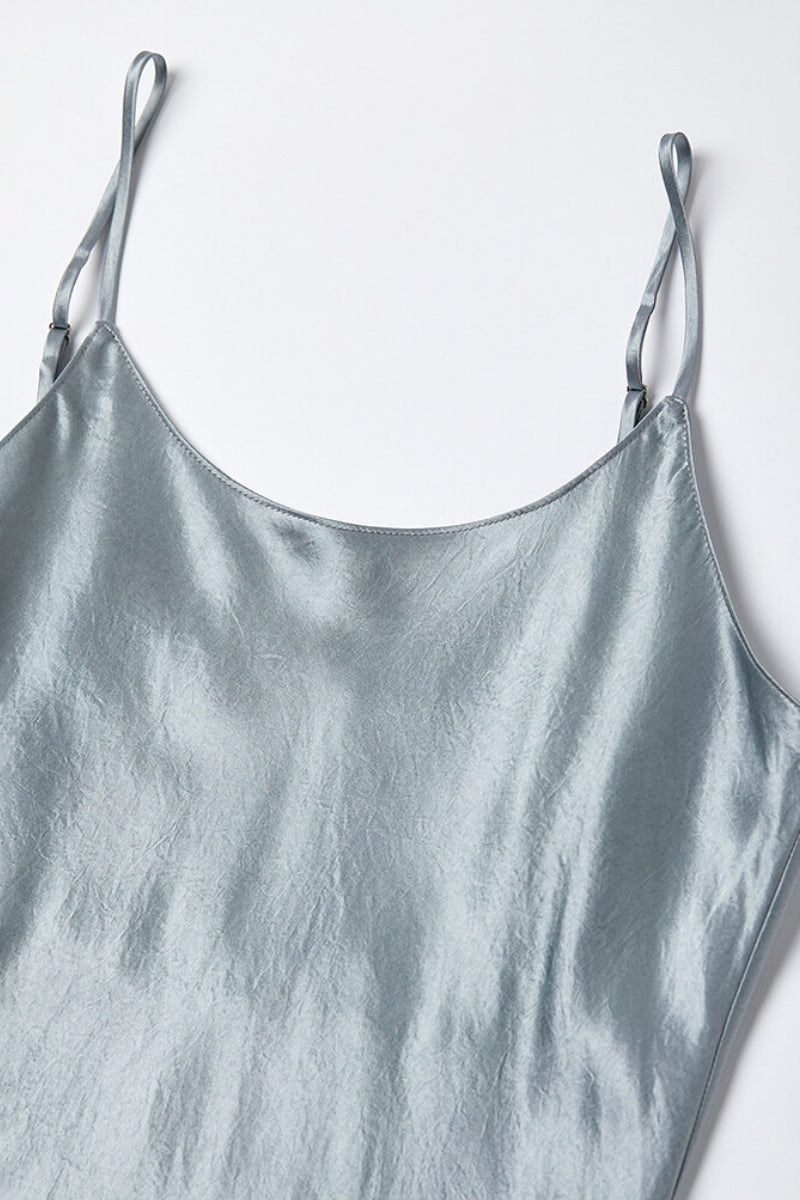 Silver Bias Cut Satin Slip Midi Dress