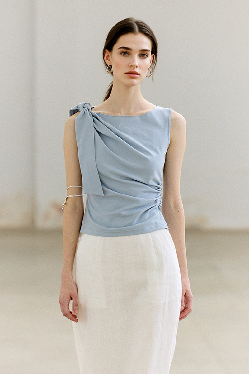 Sleeveless One-Shoulder-Tie Ruched Top