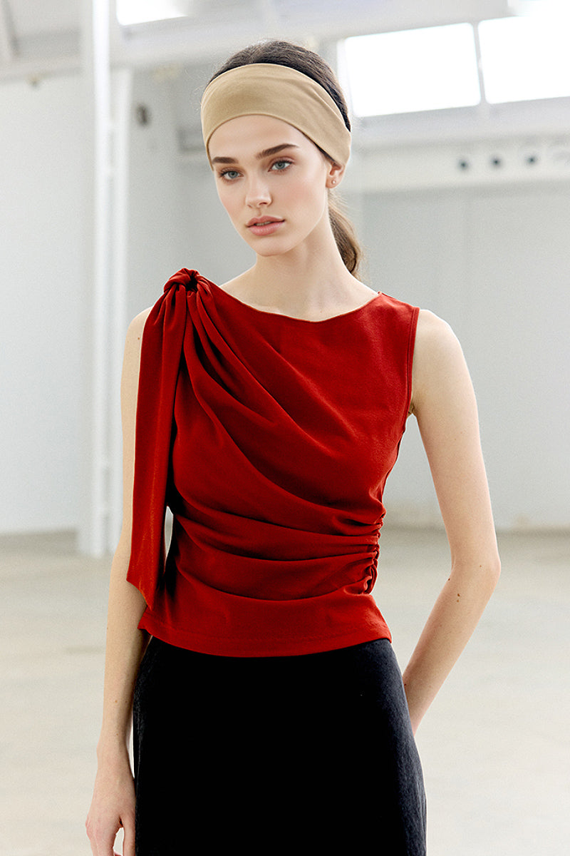 Sleeveless One-Shoulder-Tie Ruched Top