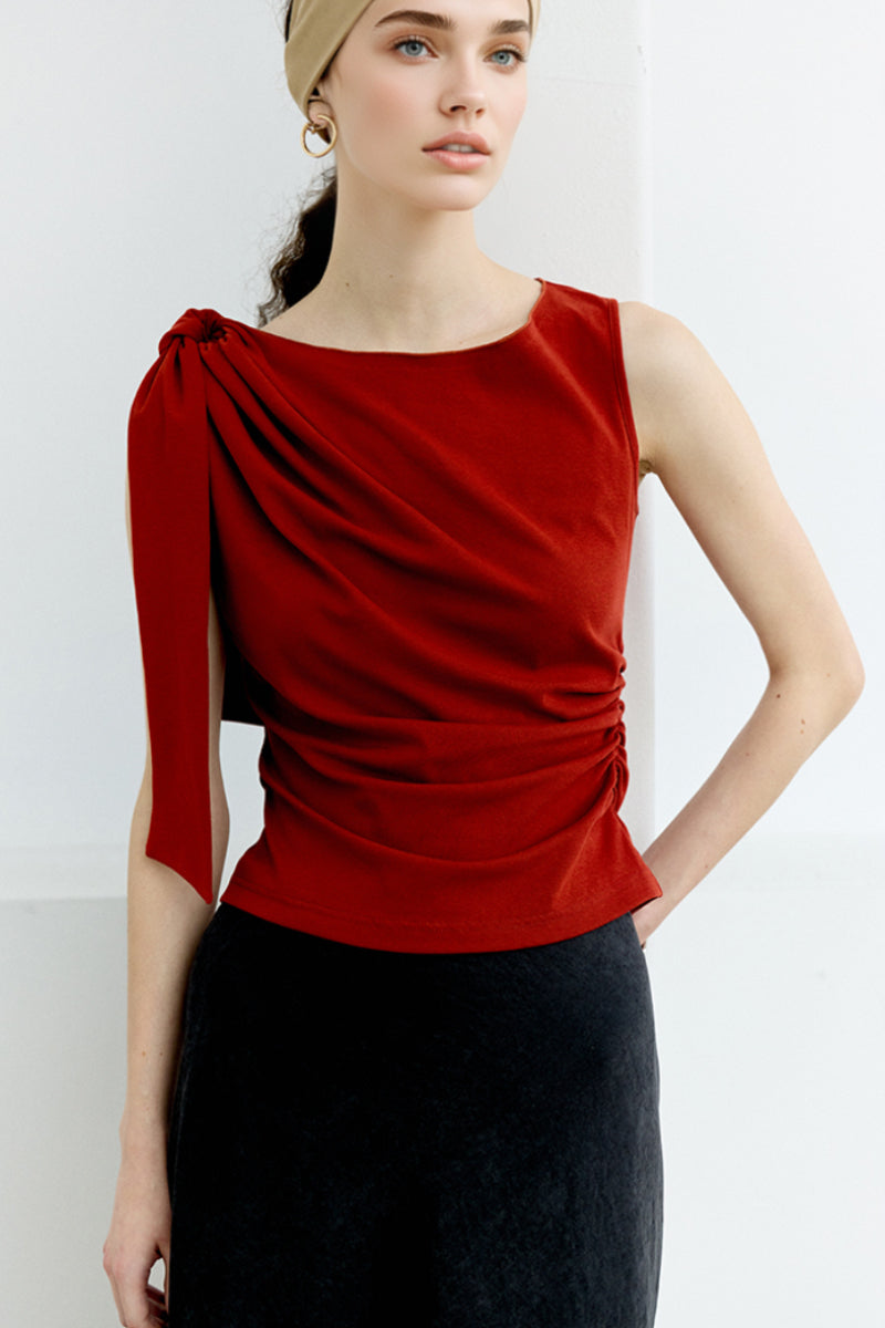 Sleeveless One-Shoulder-Tie Ruched Top