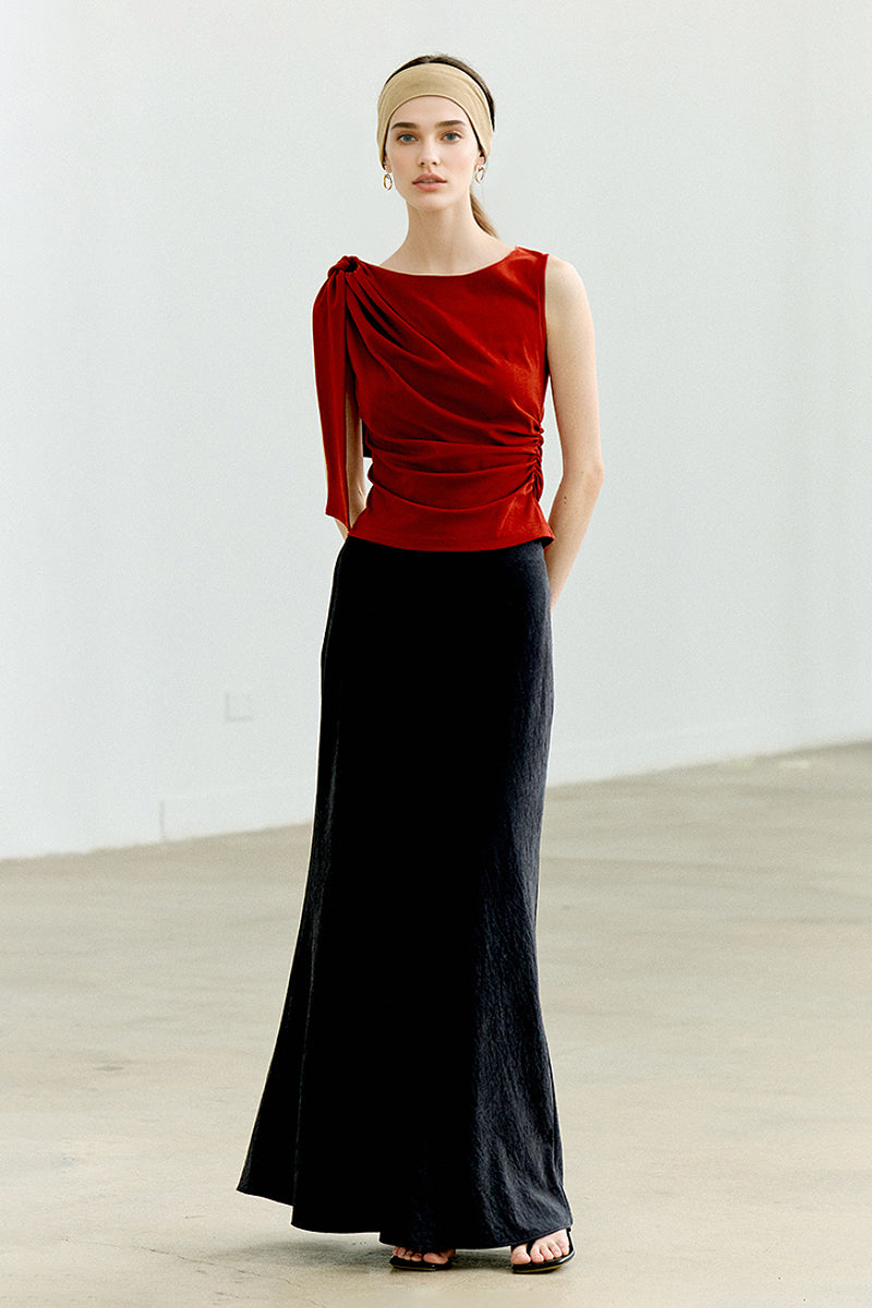 Sleeveless One-Shoulder-Tie Ruched Top