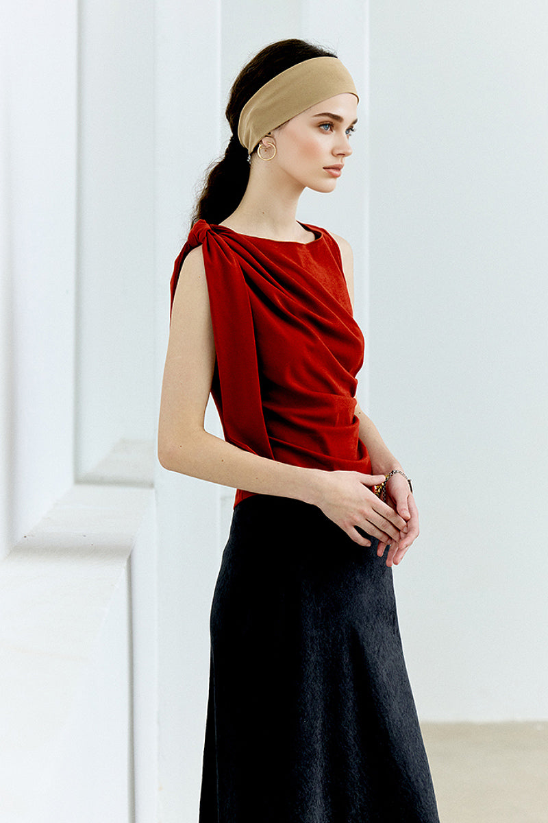 Sleeveless One-Shoulder-Tie Ruched Top