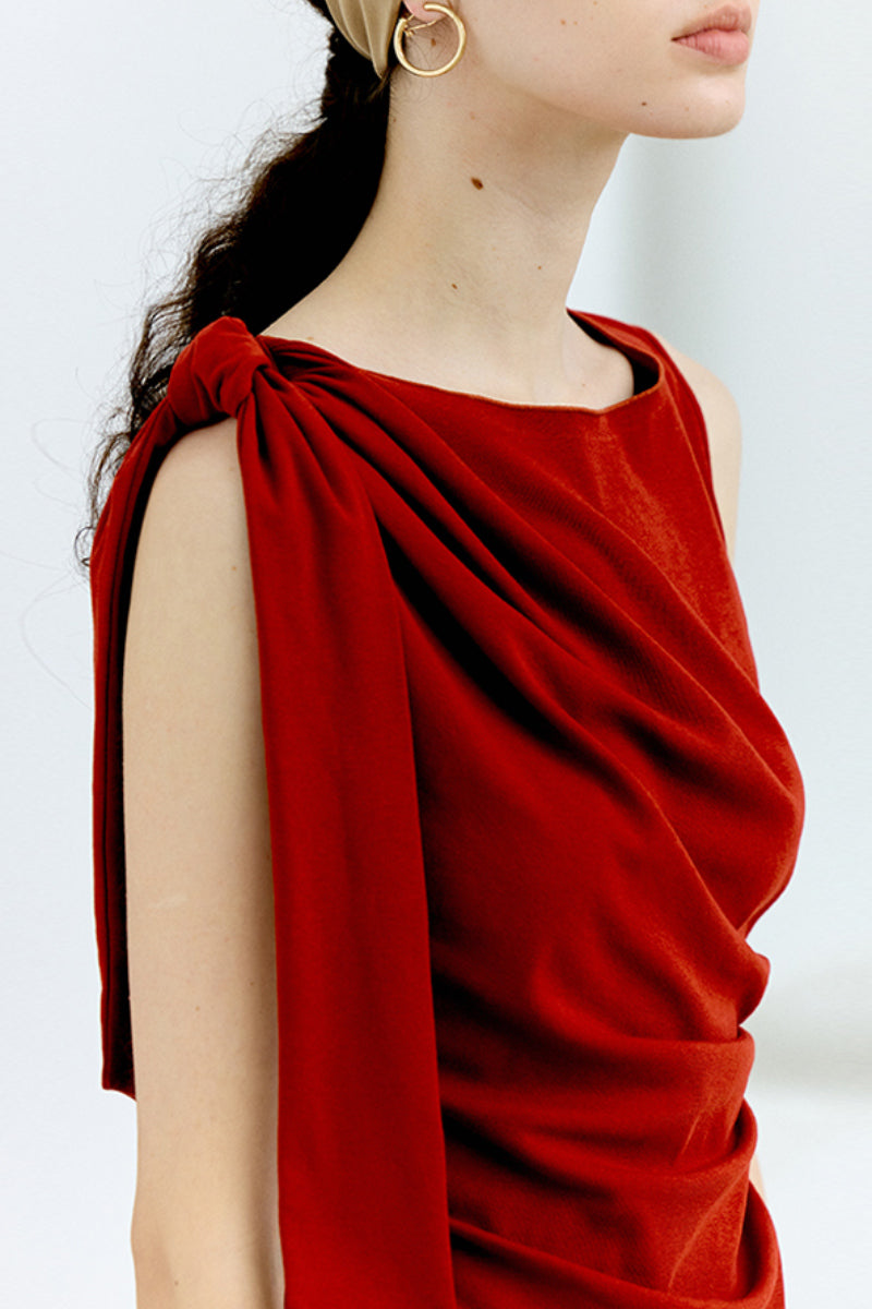 Sleeveless One-Shoulder-Tie Ruched Top