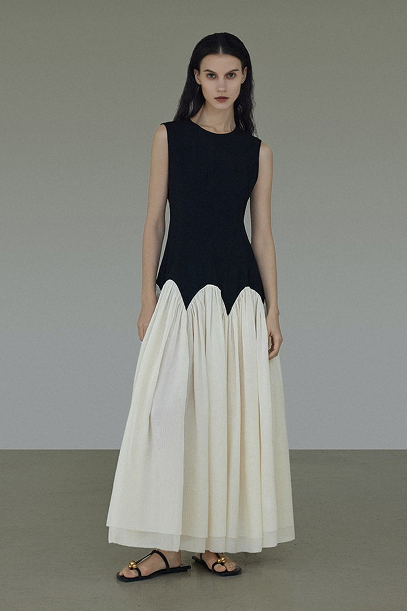 Sleeveless Scalloped Waist Colorblock Maxi Dress